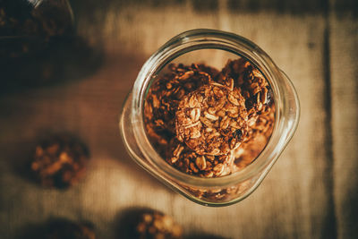 High angle view of coffee in glass on table