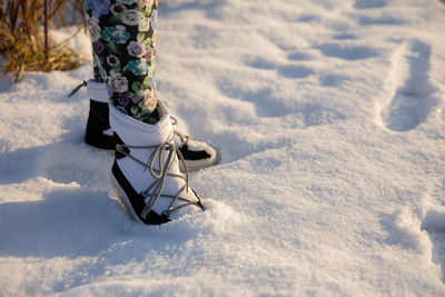 Low section of woman standing on snow