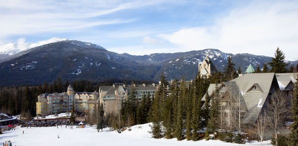 Panoramic view of snow covered land and mountains against sky