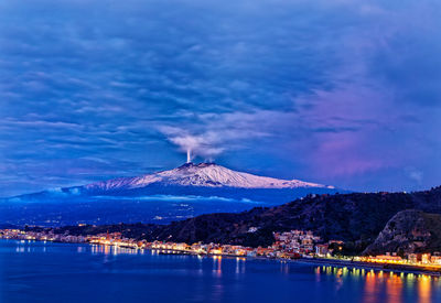 The gulf of taormina and mount etna at the first light of dawn