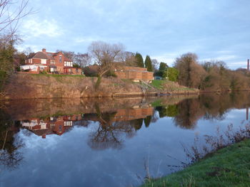 Reflection of trees in water against sky