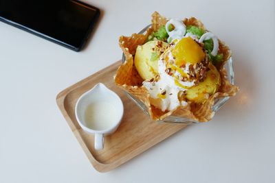 High angle view of breakfast served on table