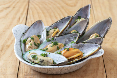 High angle view of fish in bowl on table