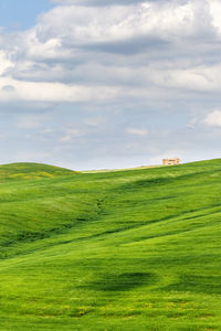 Green rolling field with a farm house on a hill