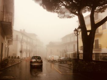 Cars on street amidst buildings in city during rainy season