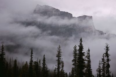 Mountain partially hidden by low clouds and fog