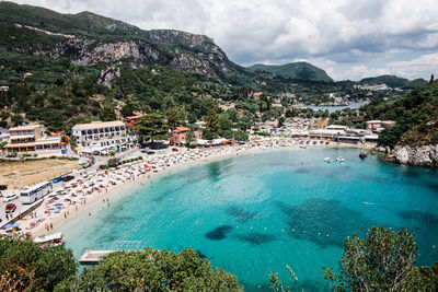 High angle view of bay against sky