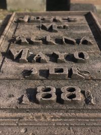 High angle view of text on manhole