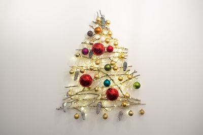 Close-up of christmas decorations on white background