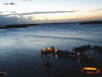 High angle view of sea against sky at sunset