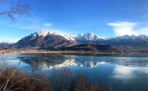 Scenic view of lake and snowcapped mountains against sky