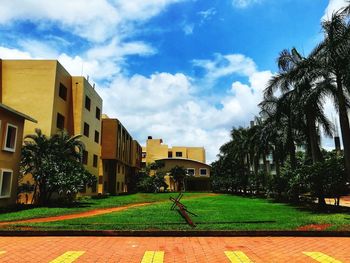 Trees and buildings against sky