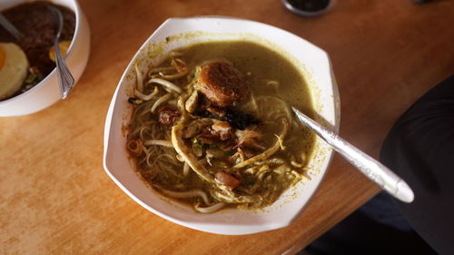 High angle view of soup in bowl on table