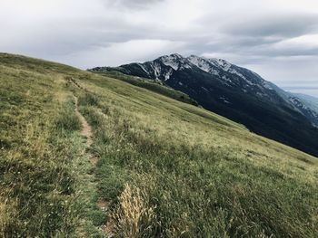 Scenic view of mountain and field against sky