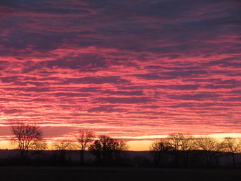 Silhouette trees on field against romantic sky at sunset