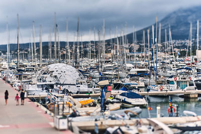 High angle view of sailboats moored in harbor