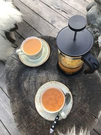 High angle view of coffee cup on table