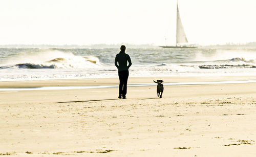 People walking on beach against clear sky