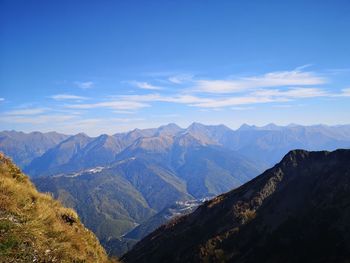 Scenic view of mountains against blue sky