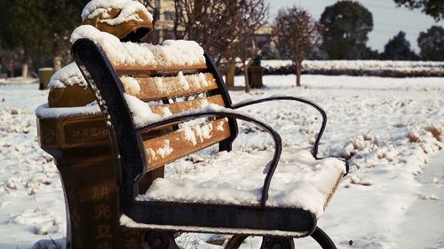Close-up of snow on field during winter