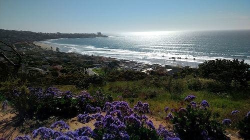 Scenic view of sea against blue sky