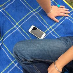 High angle view of friends sitting on picnic blanket