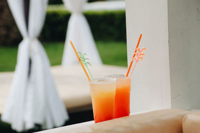 Close-up of drink served on table