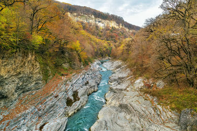 River belaya flowing in the rocks in adygea, russia