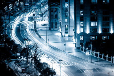 High angle view of city street at night