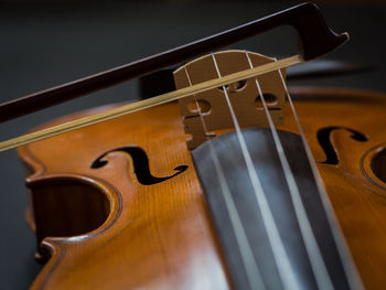 Close-up of violin on table