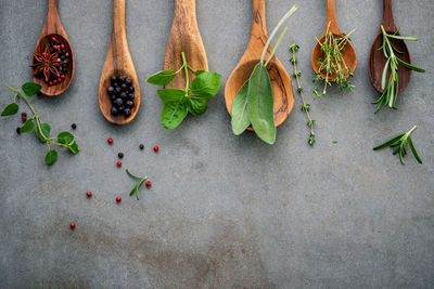 Directly above shot of herbs and spices in wooden spoons on table