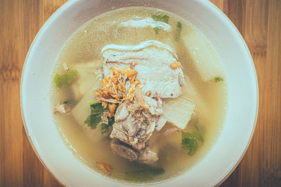 Directly above shot of soup in bowl on table