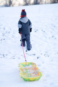 Rear view of boy holding ice cream on land