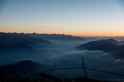 Scenic view of silhouette mountains against sky during sunset