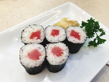 Close-up of sushi served in plate