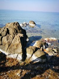 Scenic view of rocky beach against sky