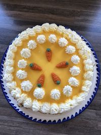 High angle view of cake in plate on table