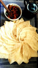 High angle view of breakfast served on table