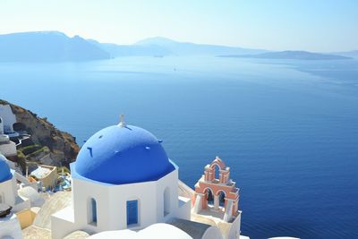 High angle view of blue domed church at santorini