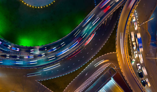 High angle view of light trails at night