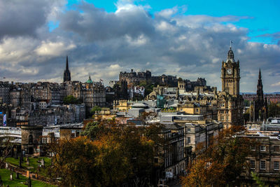 View of cityscape against cloudy sky