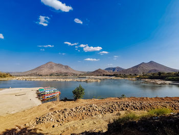 Scenic view of beach against blue sky