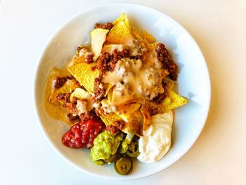 High angle view of breakfast served on table