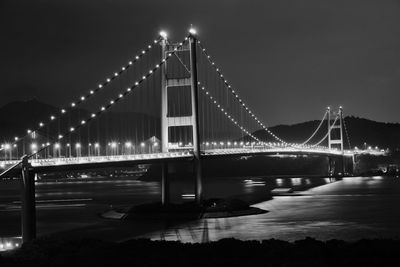 Illuminated bridge over river at night