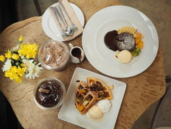 High angle view of food served on table