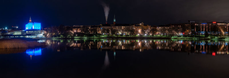 Reflection of illuminated buildings in water