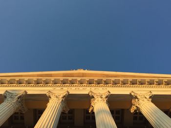 Low angle view of built structure against clear blue sky