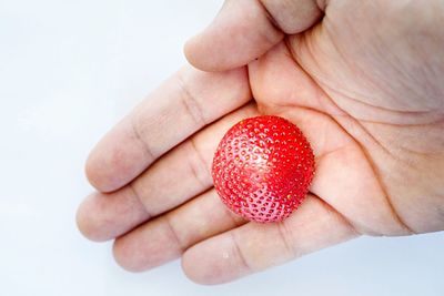 Close-up of hand holding strawberry over white background