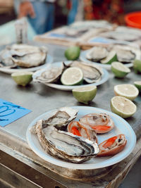 Close-up of fish served on table