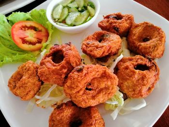 High angle view of food served on table